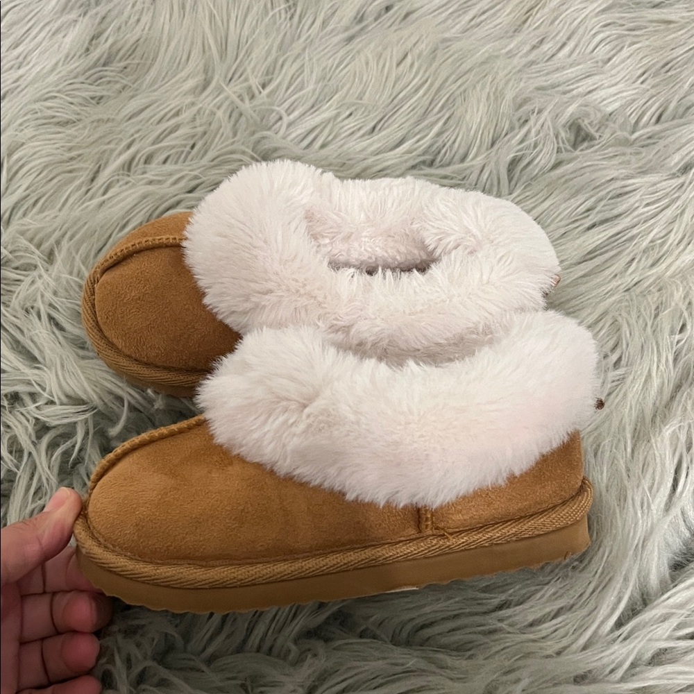 wonder nation Tan Faux-Suede Slip-On Slippers with Cream Plush Cuff